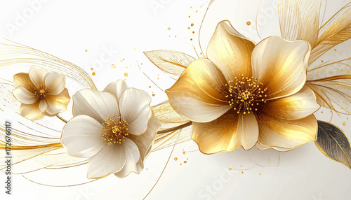 Elegant golden floral design on white background. Stylish white flowers with gold accents. White magnolia flowers with metallic gold details. Luxury flower art with gold highlights.