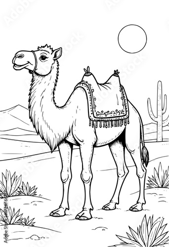 Detailed camel illustration in arid desert landscape, perfect for coloring books, educational materials, or cultural projects, originally vector graphics