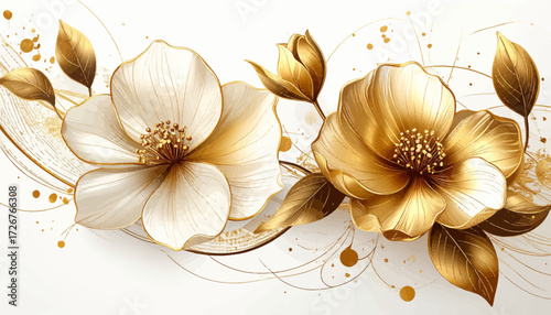 Premium white and gold floral design. Elegant golden flower art for interiors. Beautiful luxury floral illustration with gold. Chic white and gold flower pattern for decor.