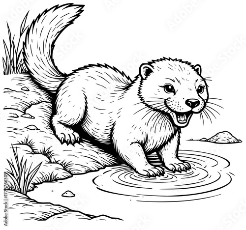 Adorable playful ferret standing in shallow water, a whimsical wildlife illustration, great for children's books, educational materials, and nature-themed designs