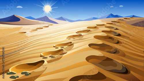 Bare footprints scattered on desert sand, shallow depressions with curved arches, toes outlined clearly, sunlight casting shadows into grooves, natural effect of walking path.