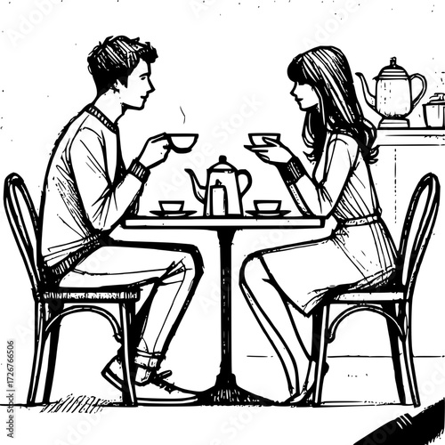 Elegant couple sharing tea time together in a stylish cafe, creating a warm and intimate moment, perfect for lifestyle and relationship themes