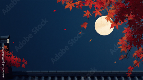 전통 기와지붕 위로 보이는 붉은 단풍과 보름달_한국의 가을풍경 일러스트