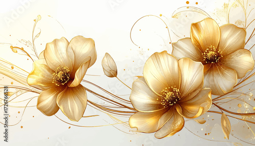 Elegant golden flowers for stylish decor. Gold and white flower art for luxury interiors. Sophisticated floral arrangement in gold tones. Premium golden floral pattern for home art