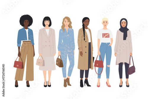A diverse group of stylish modern women standing together