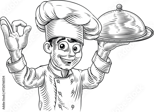 Black and white vintage woodcut style illustration of cheerful chef presenting a cloche platter tray plate. For restaurant branding, menu design, or culinary themed packaging.