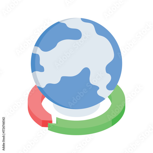 An isometric icon of a globe with two circular arrows, global support vector