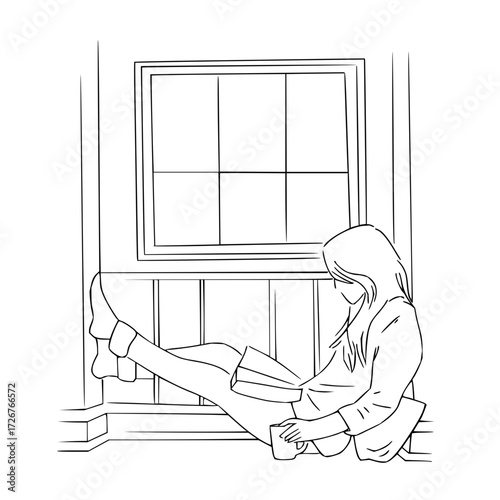 Cozy vibes with a book and coffee, a relaxing moment by the window, perfect for lifestyle blogs or promoting self-care and mindfulness practices