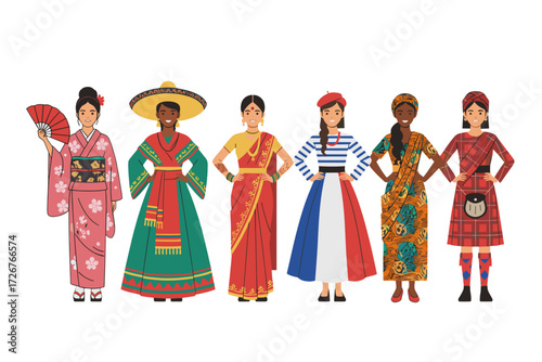 A Diverse, Multicultural Group of Women in Traditional National Clothing From Around the World