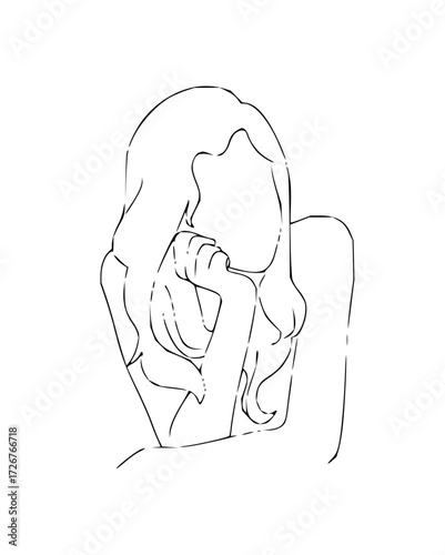 Elegant line art of a thoughtful woman, faceless portrait, perfect for minimalist design, modern lifestyle brands, evokes serenity and contemplation