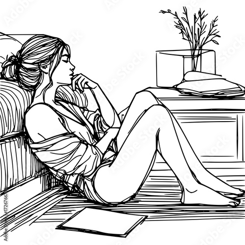 Elegant line drawing of a thoughtful woman relaxing at home, perfect for lifestyle blogs, mindfulness content, or sophisticated design projects, originally vector
