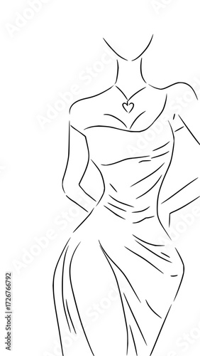 Elegant woman in stylish dress showcases fashion and grace, ready for upscale events or sophisticated design projects, a minimalist line art illustration