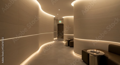 Modern Spa Interior with Ambient Lighting - Curved Walls and Minimalist Design.