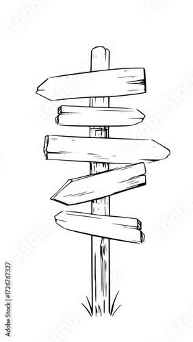 Rustic wooden signpost with blank directional arrows pointing various ways, ideal for adventure, travel, or making choices, originally a scalable vector graphic