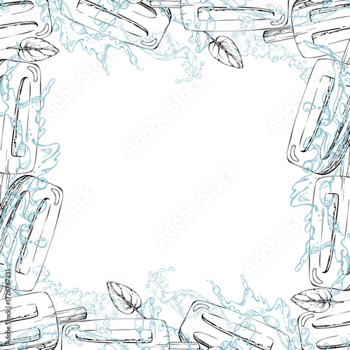 Ice pop stick dessert popsicle in cooling waters splashes, waves and drops with mint leaves. graphic square border frame illustration hand drawn in vector ink. Healthy snack label, food blog artwork