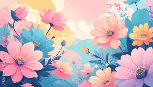 Wallpaper Mural Lush Floral Garden in Soft Hues. Vibrant Colorful Blossom Art Design. Dreamy Spring Floral Background. Soft Pastel and Floral Dreamscape. Gentle Blooming Flowers and Sky. Elegant Floral Illustration Torontodigital.ca