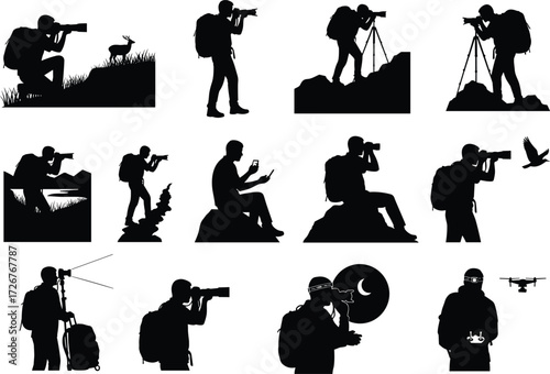 Wildlife photographer, outdoor camera poses, tripod scenes, bird photography, travel gear, silhouette set, nature photo illustration