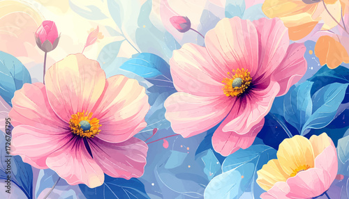 Vibrant Floral Art for Decor. Beautiful Pink Flowers in Bloom. Soft Pastel Pink Flower Design. Elegant Pink Blossom Garden. Dreamy Colorful Floral Painting. Bright Floral Art for Home Spaces
