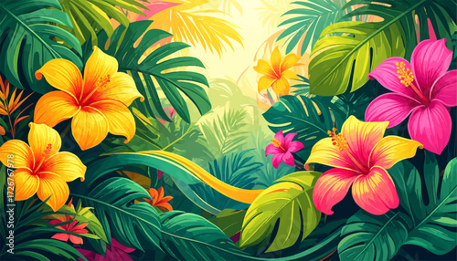Jungle floral tropical art. Exotic summer garden design. Hibiscus paradise artwork. Vibrant floral nature pattern. Colorful tropical composition. Lush jungle flower artwork