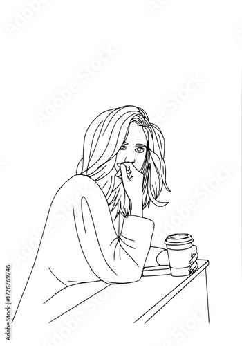 Young woman thoughtfully gazes while holding a coffee cup, conveying a moment of quiet contemplation and relaxation.