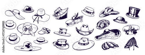 Summer Hats vintage collection for elegant men,woman, female and ladies. Fedora Derby Deerstalker Homburg Bowler Straw Beret Captain Cowboy Porkpie Boater. Retro fashion set. English style. Hand drawn