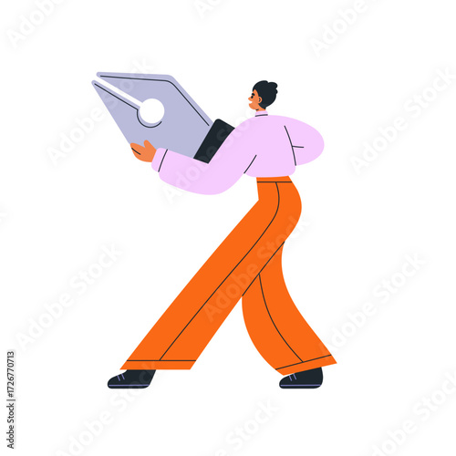 Creative artist holding huge pen tool for digital art drawing. Happy designer, tiny character designing. Professional illustrator sketching. Flat vector illustration isolated on white background