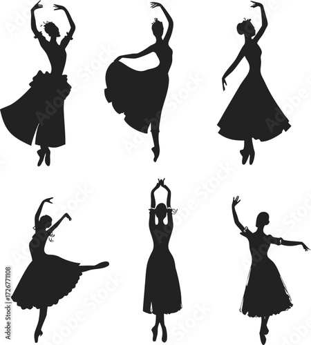 Six black silhouette ballerinas in various poses ballet