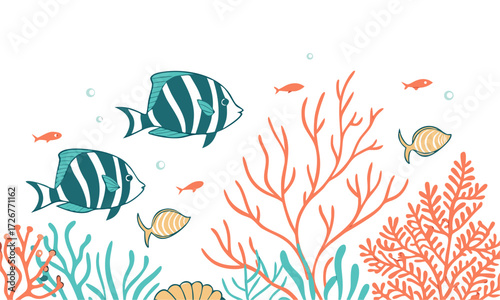 Underwater Coral and Fish Seamless Pattern Teal Mint Coral Vector illustration, Colorful seashells and coral design perfect for beach-themed, easily editable.