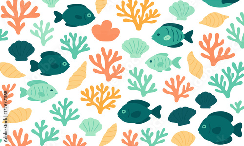 Underwater Coral and Fish Seamless Pattern Teal Mint Coral Vector illustration, Colorful seashells and coral design perfect for beach-themed, easily editable.