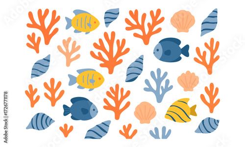 Underwater Coral and Fish Seamless Pattern Teal Mint Coral Vector illustration, Colorful seashells and coral design perfect for beach-themed, easily editable.
