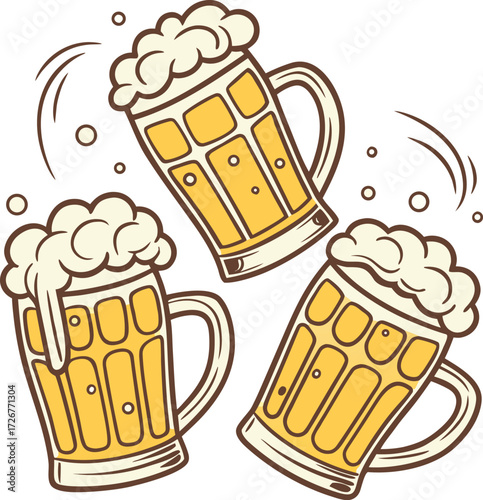 Three frothy beer mugs clinking together stein lager