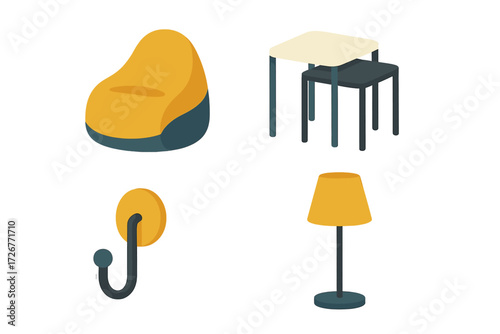 Collection of modern home furniture and decor items including bean bag chair, nesting tables, wall hook, and lamp