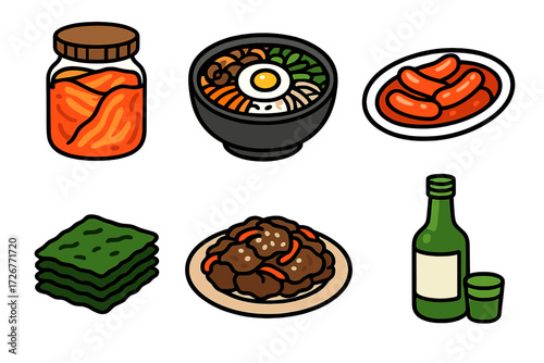 Assortment of traditional Korean dishes and beverages including kimchi, bibimbap, bulgogi, seaweed, tteokbokki, and soju