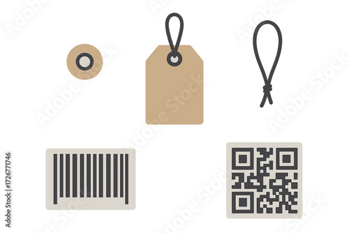 Assortment of retail price tags, product labels, barcode, and QR code for modern business identification and tracking purposes