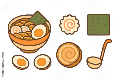 Traditional Japanese ramen bowl with various ingredients, toppings, eggs, narutomaki, and seaweed