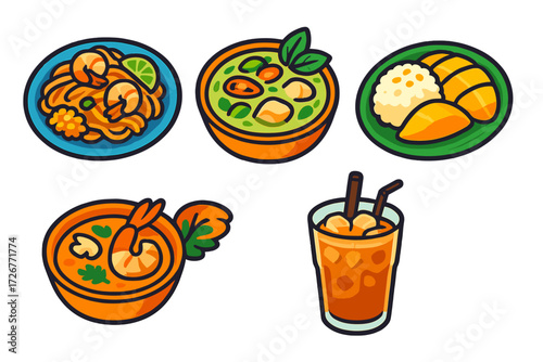 Assortment of popular Thai cuisine dishes including pad thai, green curry, tom yum soup, mango sticky rice, and iced tea