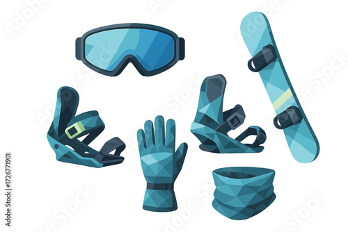 Collection of essential winter sports equipment including snowboard, bindings, goggles, glove, and neck warmer