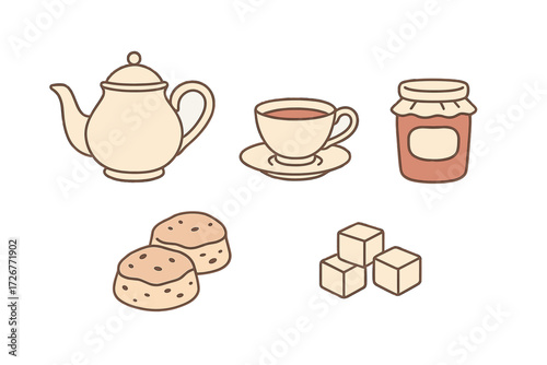 English afternoon tea items with ceramic teapot, cup, saucer, fruit jam, warm scones, and sugar cubes