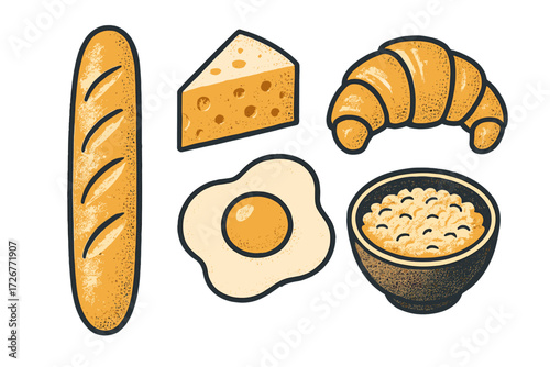 Variety of breakfast food items including fresh baguette, cheese, croissant, fried egg, and a bowl of oatmeal