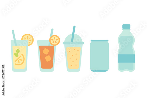 Assortment of refreshing summer drinks and beverages including lemonade, iced tea, smoothie, soda, and water bottle
