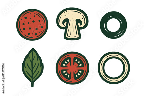 Stylized graphic icons of popular pizza toppings and fresh culinary ingredients for food-related designs