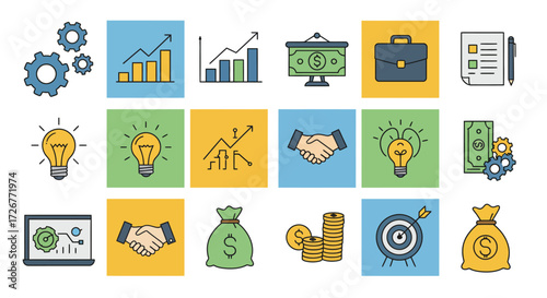 A crisp and modern flat design vector icon pack illustrating essential business operations, strategic planning, and financial growth concepts. Perfect for corporate presentation.