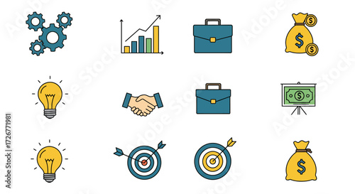 A crisp and modern flat design vector icon pack illustrating essential business operations, strategic planning, and financial growth concepts. Perfect for corporate presentation.