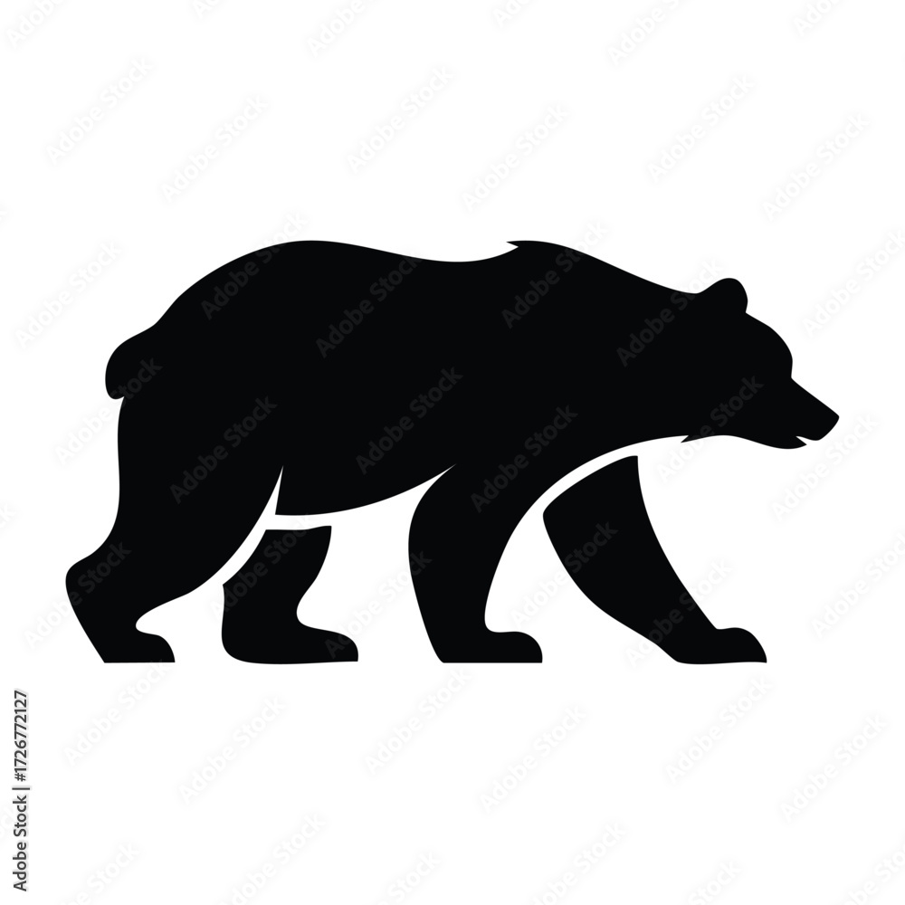 Fototapeta premium Black bear silhouette walking forward, side profile, bold contour, wildlife symbol, suitable for logos, signs, and educational materials.