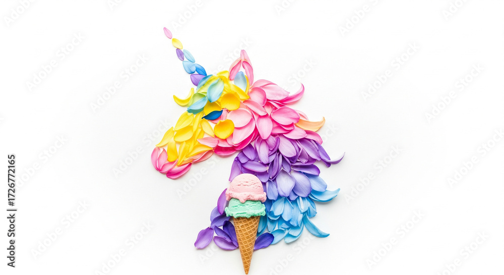 Obraz premium Creative arrangement. Unicorn head with colorful flower petals and ice cream cone on bright white background. Minimal art fantasy concept. Summer fairytale