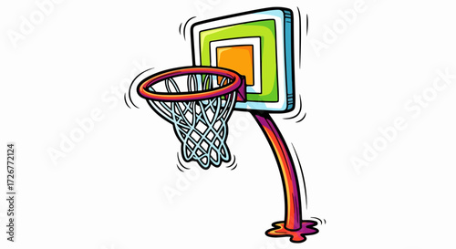 Basketball hoop with net for recreational sport, basketball hoop is seen against plain background. Basketball hoop equipment for street ball games and outdoor entertainment, cartoon style.