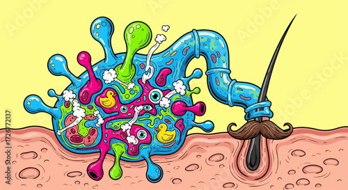Cartoon virus attacks hair follicle on human skin with cartoon virus. Cartoon virus is connected to follicle by a pipe, cartoon virus invades hair bulb.