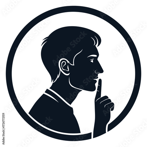Man with finger on lips symbolizing silence in monochrome design  