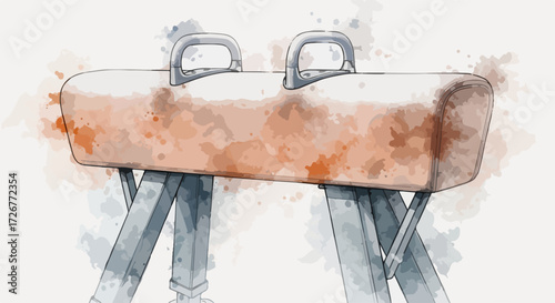 Artistic Pommel horse illustration in watercolor style, athletic apparatus against white background. Pommel horse apparatus offers nostalgic equipment, gymnastics for training.