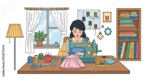 Woman Sewing Pink Fabric on Vintage Machine in Cozy Studio with Colorful Threads, Patterns, and Fabric Storage